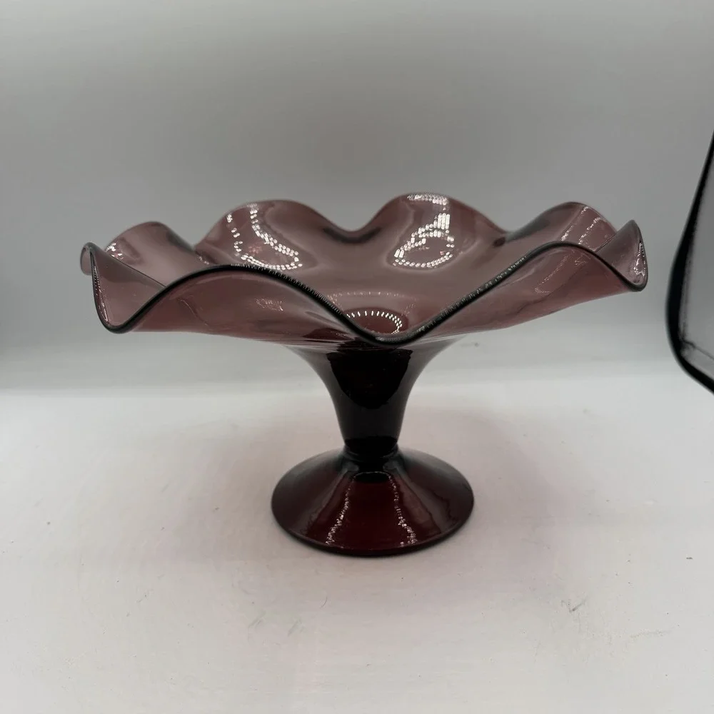 Vintage Handblown Art Glass Amethyst Purple Ruffled Scalloped Edge Compote Dish